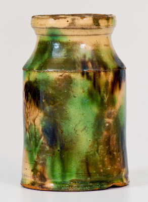 Rare Multi-Glazed Redware Canister, attrib. S. Bell & Sons or J. Eberly & Co., Strasburg, VA, c1890