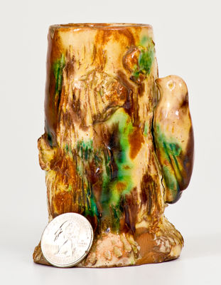 Unusual Stump-Form Redware Match Safe w/ Applied Bird, American or European, late 19th century