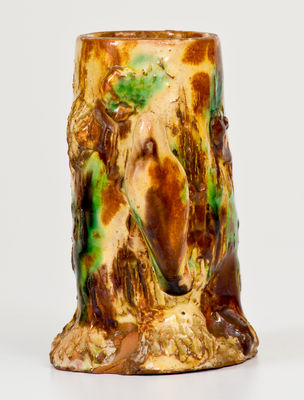 Unusual Stump-Form Redware Match Safe w/ Applied Bird, American or European, late 19th century