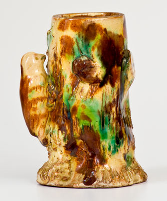 Unusual Stump-Form Redware Match Safe w/ Applied Bird, American or European, late 19th century