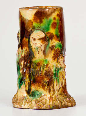 Unusual Stump-Form Redware Match Safe w/ Applied Bird, American or European, late 19th century