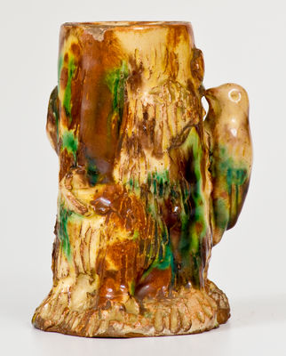 Unusual Stump-Form Redware Match Safe w/ Applied Bird, American or European, late 19th century