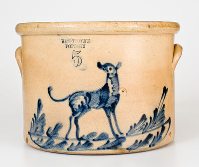Exceptional Five-Gallon Stoneware Cake Crock w/ Standing Dog Decoration, West Troy Pottery