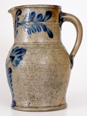 One-Gallon Remmey, Philadelphia Stoneware Pitcher w/ Cobalt Floral Decoration