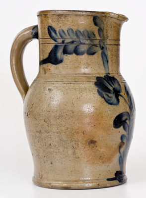 One-Gallon Remmey, Philadelphia Stoneware Pitcher w/ Cobalt Floral Decoration