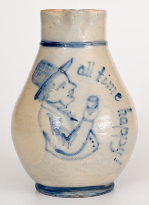 Outstanding Stoneware Pitcher w/ Man's Bust Inscribed All Time Happy (Wm. MacQuoid, Greenwich Village, New York City)