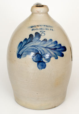 COWDEN & WILCOX / HARRISBURG, PA Stoneware Jug w/ Cobalt Cherries Decoration