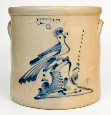 Scarce Six-Gallon F. T. WRIGHT & SON / TAUNTON, MASS Stoneware Crock w/ Large Bird on Stump