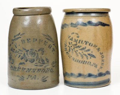 Two Cobalt-Stenciled Greensboro, PA Stoneware Jars