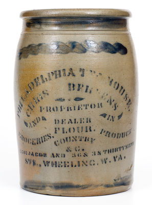 Fine Wheeling, West Virginia Stoneware Advertising Jar, Philadelphia Tea House