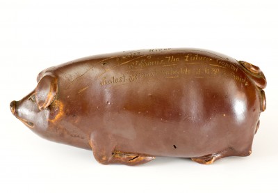 Fine Albany-Glazed Anna Pottery "Railroad & River Guide" Pig Bottle