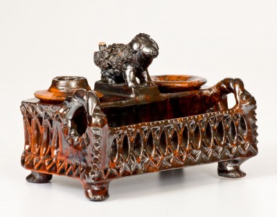 Extremely Rare John Grady / 1866 Shanksville, Pennsylvania Redware Inkstand w/ Applied Dog Figure