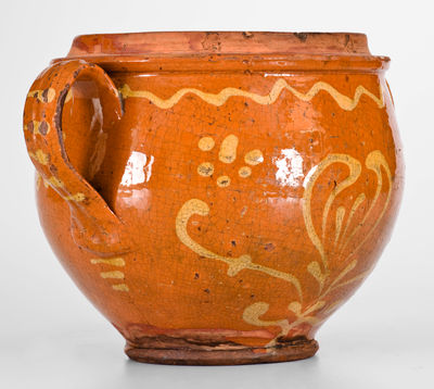 Outstanding Eastern Pennsylvania Redware Sugar Jar w/ Yellow-Slip Floral Decoration, late 18th or early 19th century