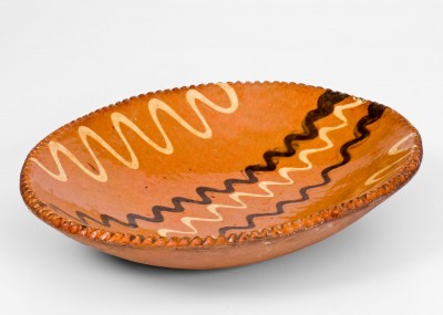 Rare Small-Sized Pennsylvania Redware Loaf Dish w/ Two-Color Slip Decoration