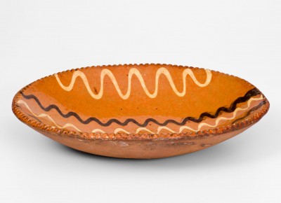 Rare Small-Sized Pennsylvania Redware Loaf Dish w/ Two-Color Slip Decoration