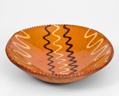 Rare Small-Sized Pennsylvania Redware Loaf Dish w/ Two-Color Slip Decoration