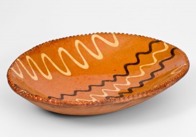 Rare Small-Sized Pennsylvania Redware Loaf Dish w/ Two-Color Slip Decoration