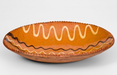 Rare Small-Sized Pennsylvania Redware Loaf Dish w/ Two-Color Slip Decoration