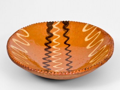 Rare Small-Sized Pennsylvania Redware Loaf Dish w/ Two-Color Slip Decoration