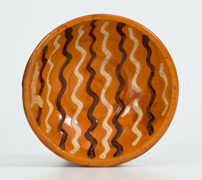 Exceptional Small-Sized Pennsylvania Redware Dish w/ Profuse Two-Color Slip Decoration, probably Berks County