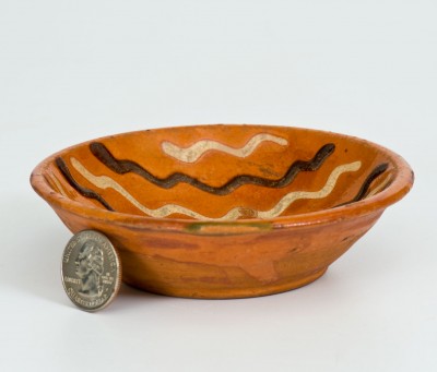 Exceptional Small-Sized Pennsylvania Redware Dish w/ Profuse Two-Color Slip Decoration, probably Berks County