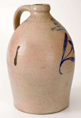 Unusual MOORE, NICHOLS & CO. / Williamsport, Pa. Stoneware Jug w/ Daffodil Decoration, 1877-79