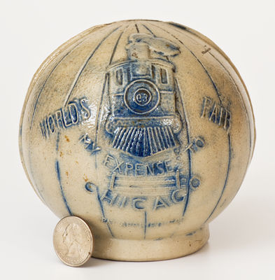 Rare World s Fair Stoneware Train Bank w/ New York Advertising, White s Pottery, Utica, NY, 1893