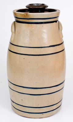 Four-Gallon WHITES UTICA Stoneware Churn with Cobalt Banding