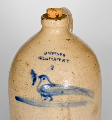 Unusual Rondout, NY Stoneware Advertising Jug w/ Cobalt Bird