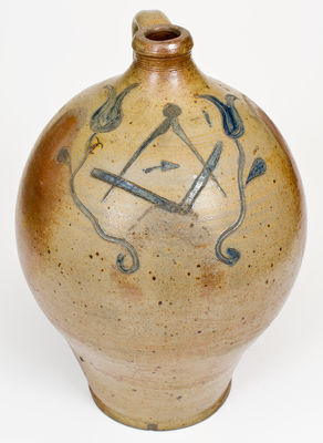 Rare Three-Gallon Stoneware Jug w/ Incised Floral and Masonic Decorations, probably Ohio, c1830