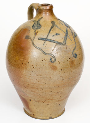 Rare Three-Gallon Stoneware Jug w/ Incised Floral and Masonic Decorations, probably Ohio, c1830