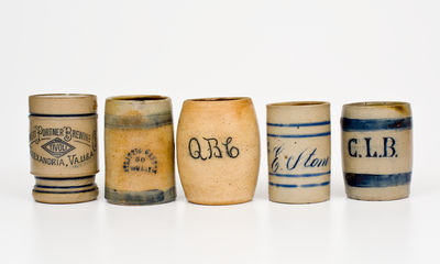 Five Cobalt-Decorated American Stoneware Mugs