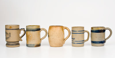 Five Cobalt-Decorated American Stoneware Mugs