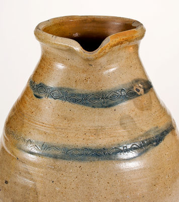 Rare Large-Sized Old Bridge, NJ or Albany, NY Stoneware Pitcher w/ Coggled Decoration, early 19th century