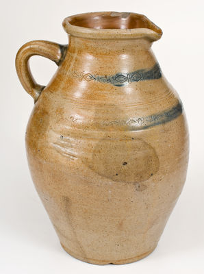 Rare Large-Sized Old Bridge, NJ or Albany, NY Stoneware Pitcher w/ Coggled Decoration, early 19th century