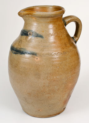 Rare Large-Sized Old Bridge, NJ or Albany, NY Stoneware Pitcher w/ Coggled Decoration, early 19th century