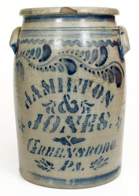 Five-Gallon HAMILTON / & / JONES / GREENSBORO / PA Stoneware Jar w/ Elaborate Decoration