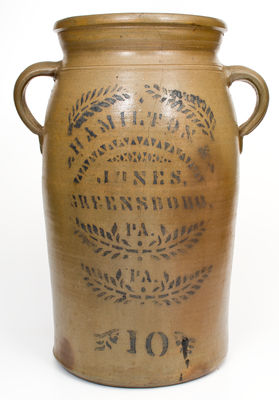 Rare Ten-Gallon HAMILTON & JONES / GREESNBORO, PA Stoneware Churn