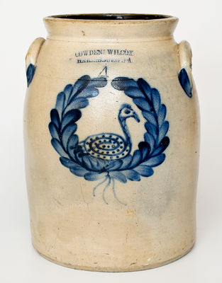 Exceedingly Rare COWDEN & WILCOX / HARRISBURG, PA Stoneware Jar w/ Elaborate Swan-in-Wreath Decoration