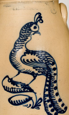 Exceptional HUBBELL & CHESEBRO, / GEDDES, N.Y (Syracuse) Stoneware Churn w/ Elaborate Cobalt Peacock Decoration