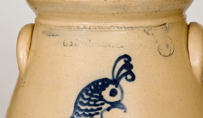 Exceptional HUBBELL & CHESEBRO, / GEDDES, N.Y (Syracuse) Stoneware Churn w/ Elaborate Cobalt Peacock Decoration