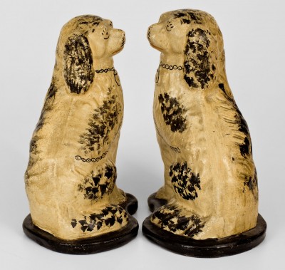 Exceedingly Rare Pair of JOHN BELL (Waynesboro) Redware Spaniel Figures w/ Original Painted Surfaces