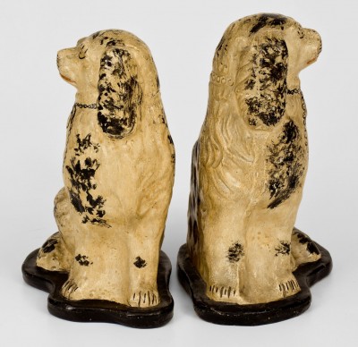 Exceedingly Rare Pair of JOHN BELL (Waynesboro) Redware Spaniel Figures w/ Original Painted Surfaces