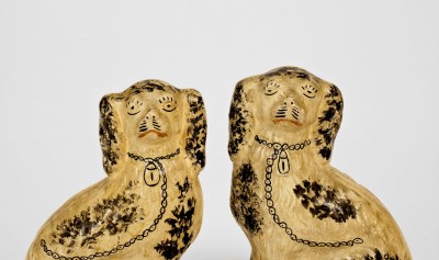 Exceedingly Rare Pair of JOHN BELL (Waynesboro) Redware Spaniel Figures w/ Original Painted Surfaces