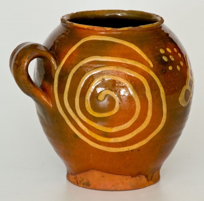 Exceptional 18th Century Redware Jar with Elaborate Yellow-Slip Decoration, New England