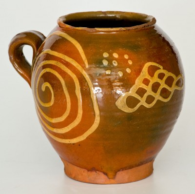 Exceptional 18th Century Redware Jar with Elaborate Yellow-Slip Decoration, New England