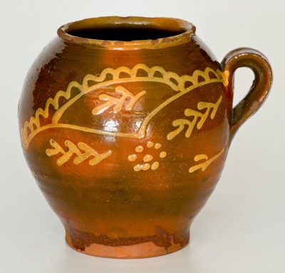 Exceptional 18th Century Redware Jar with Elaborate Yellow-Slip Decoration, New England