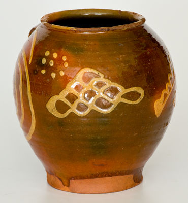 Exceptional 18th Century Redware Jar with Elaborate Yellow-Slip Decoration, New England