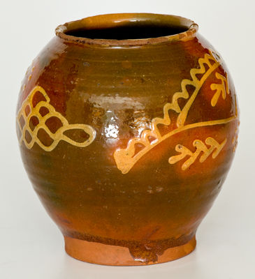 Exceptional 18th Century Redware Jar with Elaborate Yellow-Slip Decoration, New England