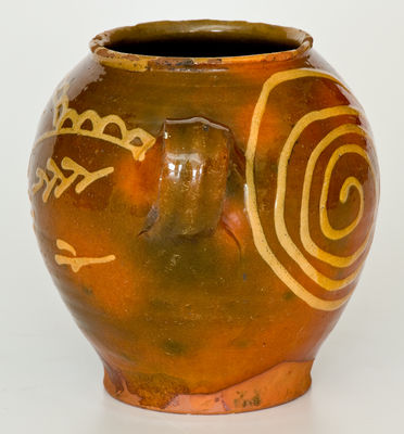 Exceptional 18th Century Redware Jar with Elaborate Yellow-Slip Decoration, New England